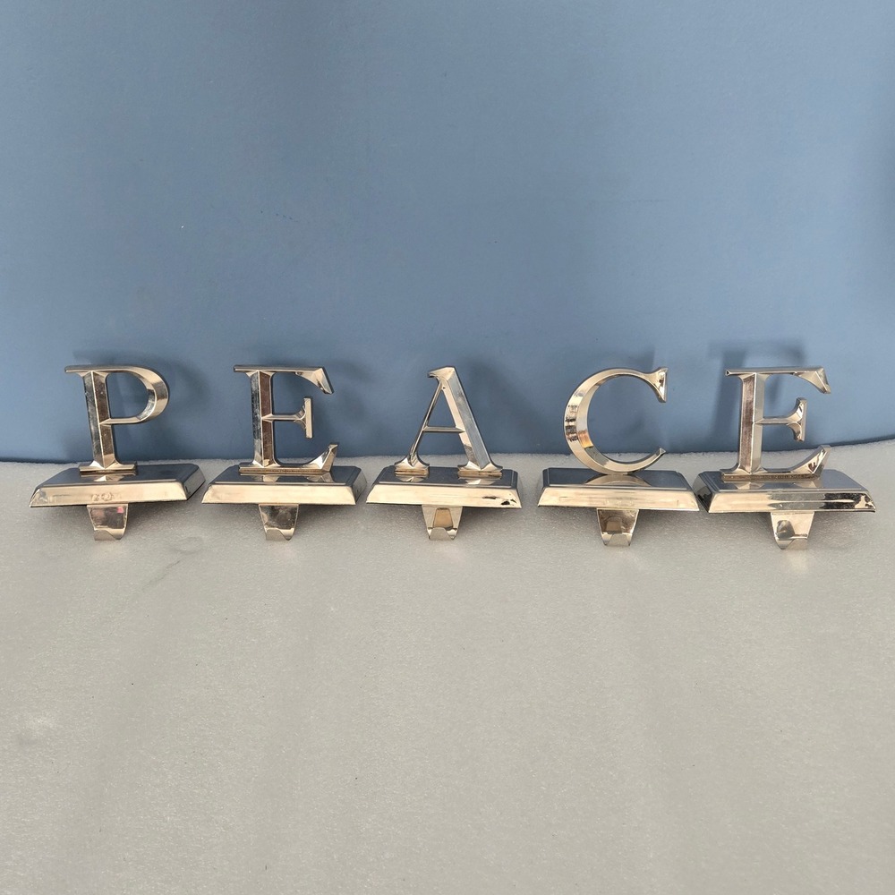Silver Metal PEACE Christmas Stocking Holders Set of 5 Weighted Mantel Decor